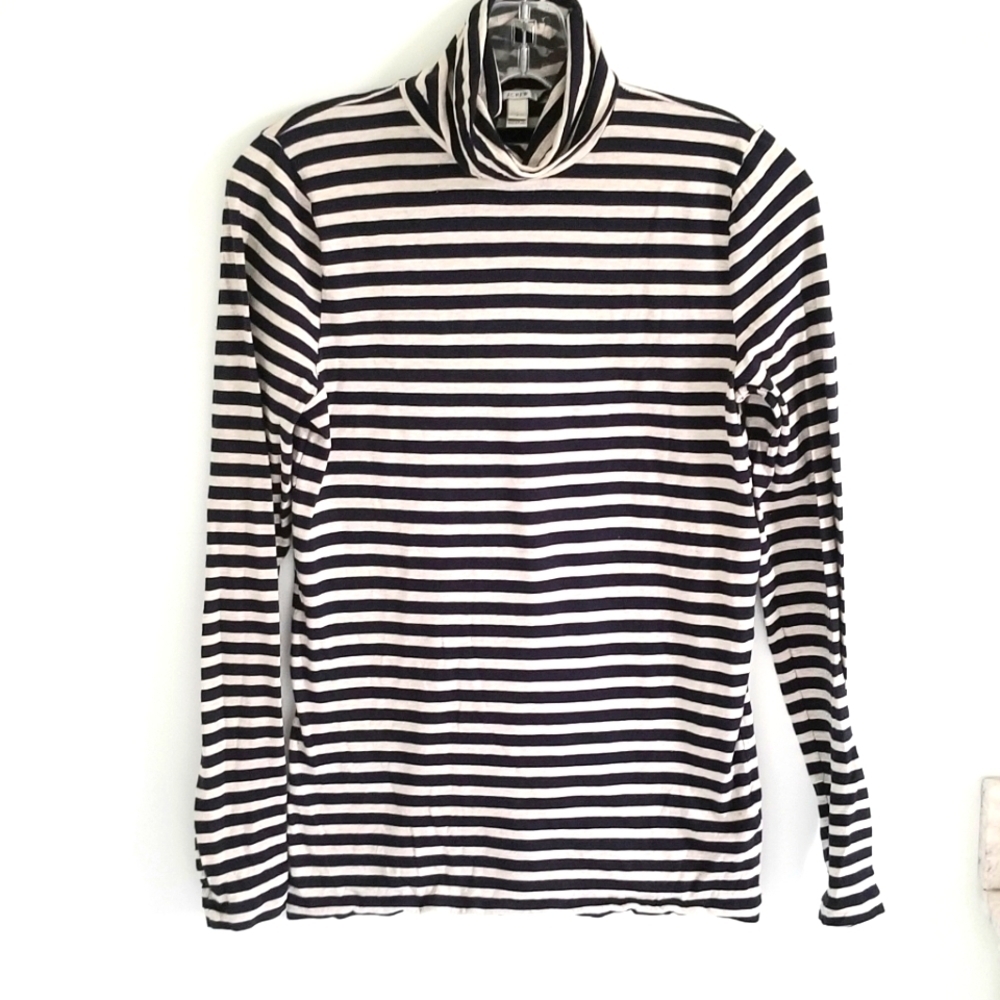 J. Crew Navy and Tan stripe lightweight cotton turtleneck top